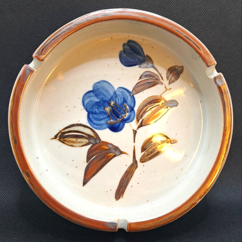 VTG Otagiri Japan Speckled Stoneware Pottery Ashtray Handpainted Floral Design